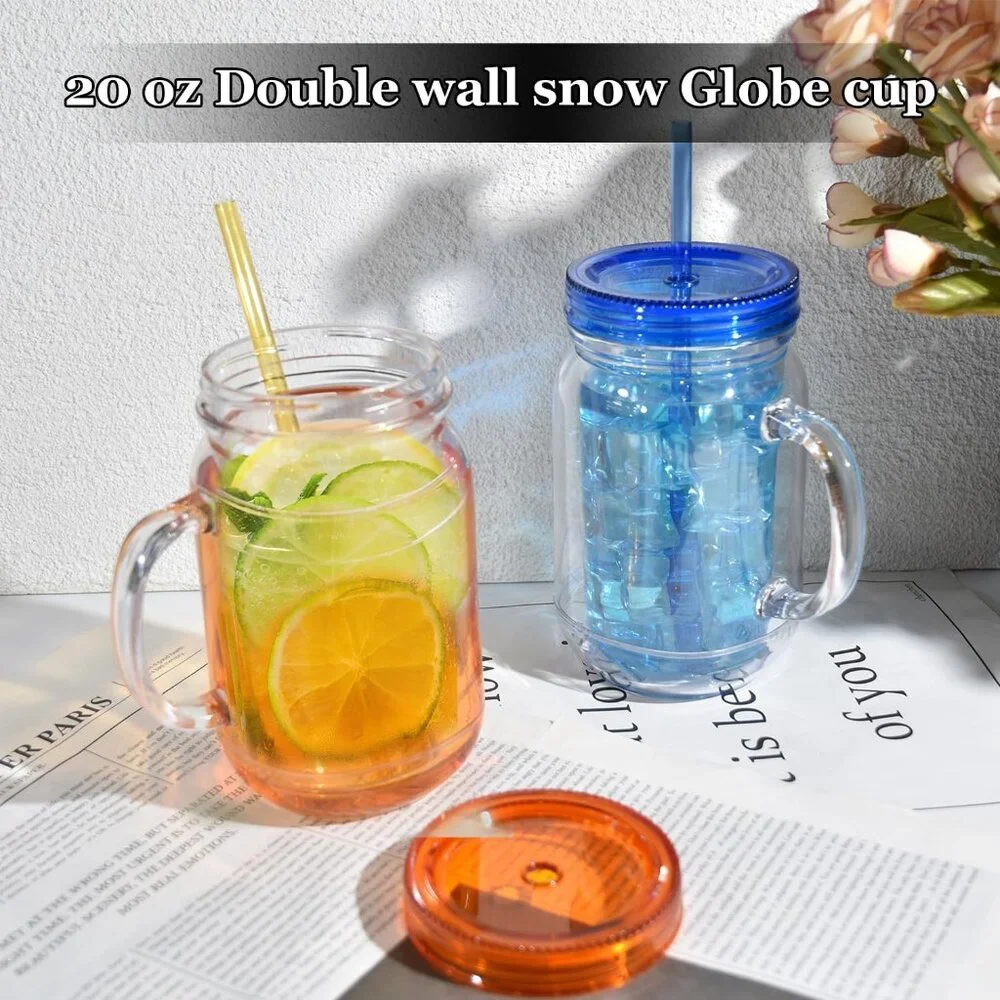 6 Pack 20 Oz Reusable Snow Globe Tumblers with Lids and Straws in Mixed Colors